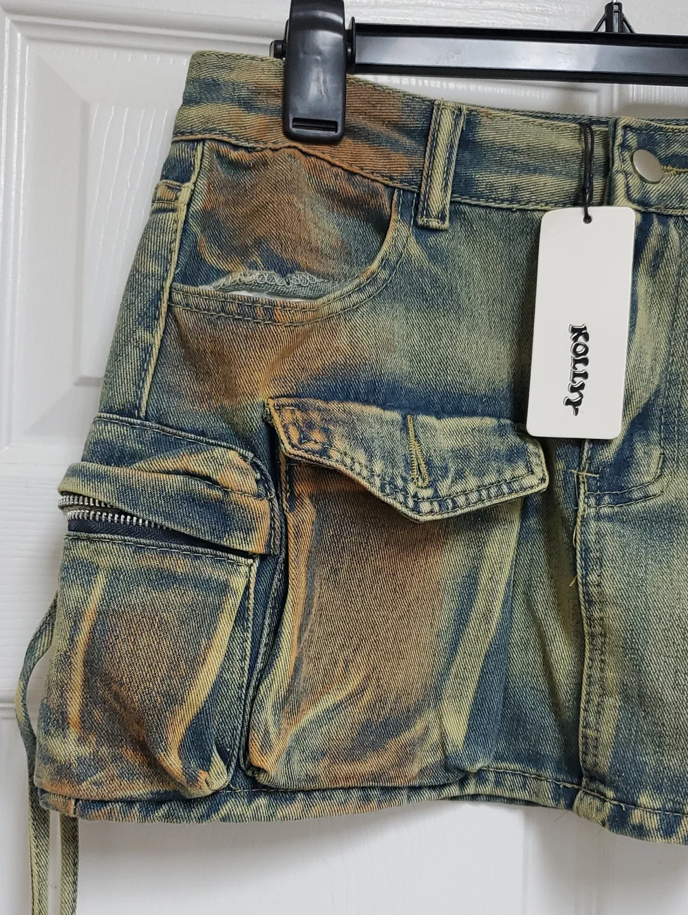 Kollyy Distressed Cargo Denim Mini Skirt